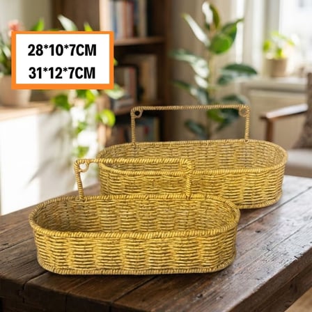 2’li Duvar Askılı Plastik Rattan Organizer – Oval Hasır Görünümlü Mutfak Raf Sepeti, Banyo ve Ev İçi Düzenleme Ünitesi