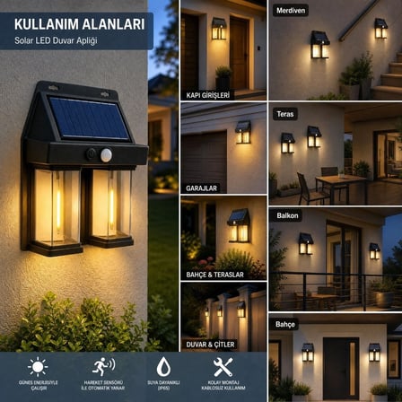 2'li Solar Güneş Enerjili LED Duvar Apliği, Hareket Sensörlü, Şarjlı, Kablosuz Dış Mekân Bahçe ve Kapı Lambası