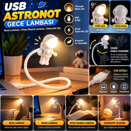 USB Astronot Gece Lambası, Masa Lambası, Kitap Okuma Lambası Işığı