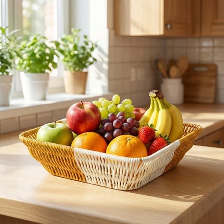 Kare Çift Renkli Plastik Rattan Ekmek ve Meyve Sepeti - Çok Amaçlı Banyo ve Mutfak Düzenleyici - Yıkanabilir Tezgâh Üstü Organizer