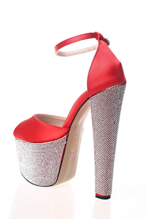 Kadın Fuşya Saten Ökçe Poli Taş Yüksek Topuk Abiye Ayakkabı Kadın Topuklu Şık Gece Ayakkabısı