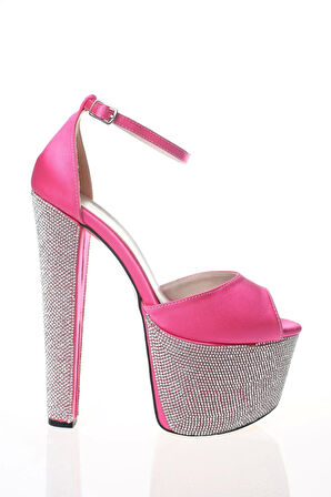 Kadın Fuşya Saten Ökçe Poli Taş Yüksek Topuk Abiye Ayakkabı Kadın Topuklu Şık Gece Ayakkabısı