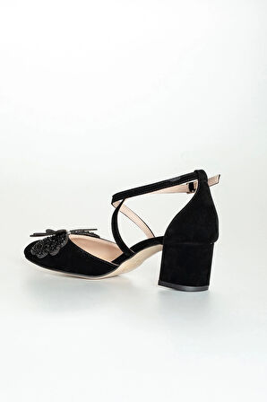 Siyah Süet Taşlı Kadın Topuklu Ayakkabı Abiye Ayakkabı Şık Gece Ayakkabısı Zarif Tasarım