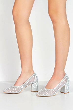 Gümüş Tül Inci Taşlı Klasik Topuklu Kadın Abiye Ayakkabı Kadın Topuklu Şık Gece Ayakkabısı