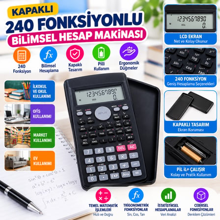 Kapaklı 240 Fonksiyonlu, Pilli Bilimsel Hesap Makinası (adet fiyatıdır)