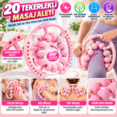 20 Tekerlekli Ayarlanabilir Bacak ve Kol Masaj Aleti – 360° Tam Daire Derin Doku Kas ve Lenfatik Masaj Silindiri