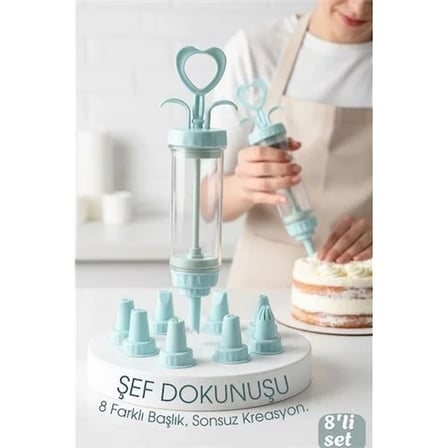 Profesyonel 8'li Başlıklı Pasta Krema Süsleme Pompası Seti Enjektör Uçlu 722555