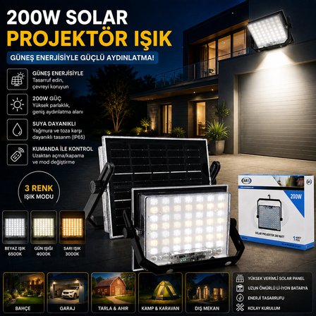 200W Güneş Enerjili Led Işık Solar Projektör - Fener Kamp - Dış Mekan 3 Farklı Led Işık 348961 Lmb