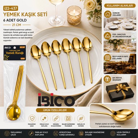 60 Parça Gold Yemek Kaşık Seti 21CM - 1 Paket İçinde 6 Adet Vardır - 10 Paket Gönderilir