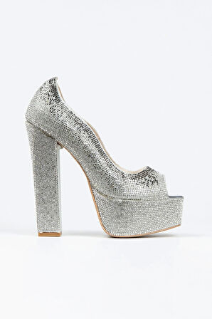 Gümüş Sultan Taşlı Klasik Köşe Kalıplı Kalın Topuklu Kadın Abiye Ayakkabı Kadın Topuklu Şık