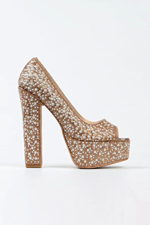 Gold Sultan Full Inci Taşlı Klasik Köşe Kalıplı Kalın Topuklu Kadın Abiye Ayakkabı Kadın Topuklu Şık