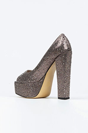 Gümüş Sultan Taşlı Klasik Köşe Kalıplı Kalın Topuklu Kadın Abiye Ayakkabı Kadın Topuklu Şık