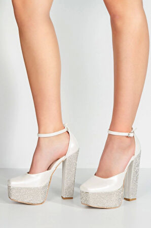 Sedef Cilt Ökçe Poli Taşlı Klasik Köşe Kalıplı Kalın Topuklu Kadın Abiye Ayakkabı Kadın Topuklu Şık