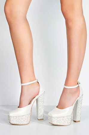 Sedef Cilt Ökçe Poli Inci Taşlı Klasik Köşe Kalıplı Kalın Topuklu Kadın Abiye Ayakkabı Kadın Topuklu