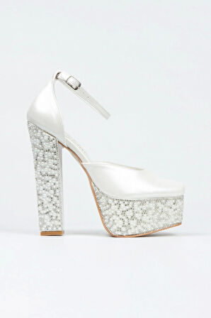 Sedef Cilt Ökçe Poli Inci Taşlı Klasik Köşe Kalıplı Kalın Topuklu Kadın Abiye Ayakkabı Kadın Topuklu