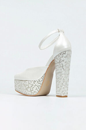 Sedef Cilt Ökçe Poli Inci Taşlı Klasik Köşe Kalıplı Kalın Topuklu Kadın Abiye Ayakkabı Kadın Topuklu