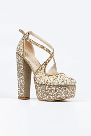 Gümüş Ayna Full Inci Taşlı Klasik Köşe Kalıplı Kalın Topuklu Kadın Abiye Ayakkabı Kadın Topuklu Şık