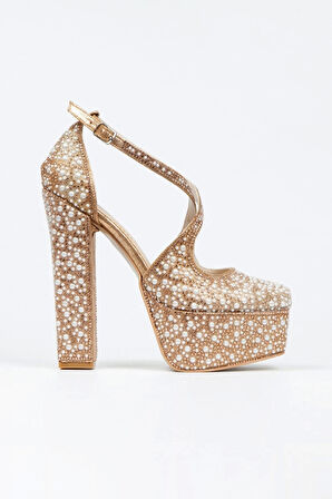 Gümüş Ayna Full Inci Taşlı Klasik Köşe Kalıplı Kalın Topuklu Kadın Abiye Ayakkabı Kadın Topuklu Şık