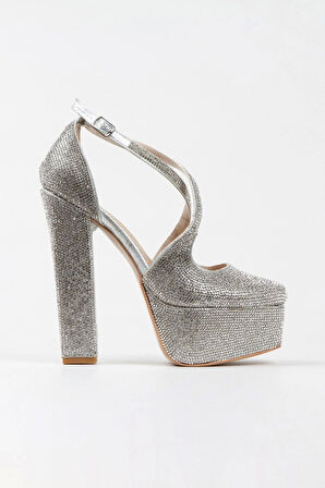 Gold Sultan Full Taş Klasik Köşe Kalıplı Kalın Topuklu Kadın Abiye Ayakkabı Kadın Topuklu Şık