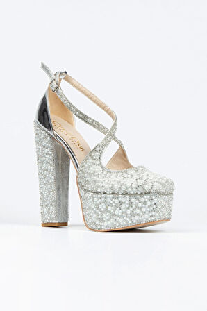 Gümüş Ayna Full Inci Taşlı Klasik Köşe Kalıplı Kalın Topuklu Kadın Abiye Ayakkabı Kadın Topuklu Şık