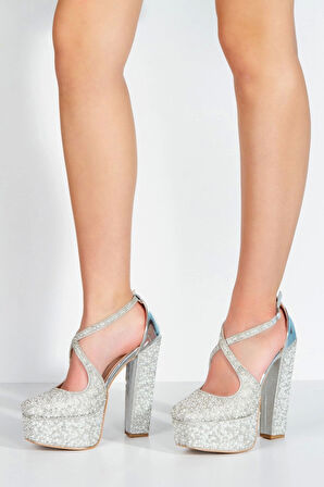 Gümüş Ayna Full Inci Taşlı Klasik Köşe Kalıplı Kalın Topuklu Kadın Abiye Ayakkabı Kadın Topuklu Şık