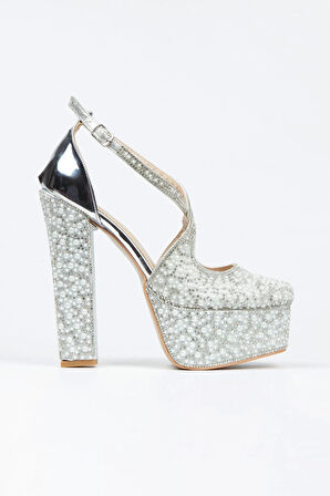 Gümüş Ayna Full Inci Taşlı Klasik Köşe Kalıplı Kalın Topuklu Kadın Abiye Ayakkabı Kadın Topuklu Şık