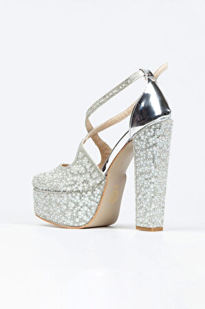 Gümüş Ayna Full Inci Taşlı Klasik Köşe Kalıplı Kalın Topuklu Kadın Abiye Ayakkabı Kadın Topuklu Şık