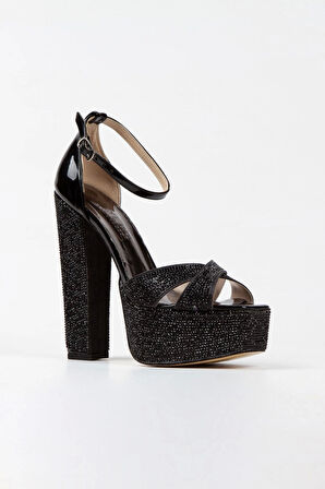 Platin Ayna Full Taş Klasik Köşe Kalıplı Kalın Topuklu Kadın Abiye Ayakkabı Kadın Topuklu Şık