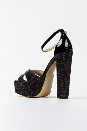 Platin Ayna Full Taş Klasik Köşe Kalıplı Kalın Topuklu Kadın Abiye Ayakkabı Kadın Topuklu Şık