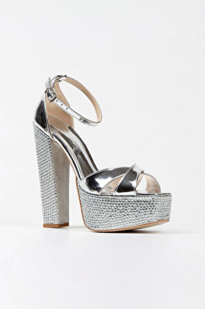 Gümüş Ayna Ökçe Poli Taşklasik Köşe Kalıplı Kalın Topuklu Kadın Abiye Ayakkabı Kadın Topuklu Şık