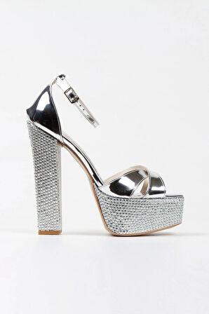 Gümüş Ayna Ökçe Poli Taşklasik Köşe Kalıplı Kalın Topuklu Kadın Abiye Ayakkabı Kadın Topuklu Şık