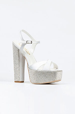 Gümüş Saten Ökçe-Poli Taşlı Klasik Köşe Kalıplı Kalın Topuklu Kadın Abiye Ayakkabı Kadın Topuklu Şık