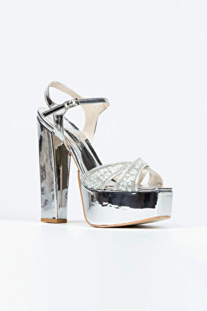 Gümüş Ayna Yüz Inci Taşlı Klasik Köşe Kalıplı Kalın Topuklu Kadın Abiye Ayakkabı Kadın Topuklu Şık