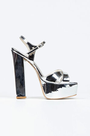 Gümüş Ayna Klasik Köşe Kalıplı Kalın Topuklu Kadın Abiye Ayakkabı Kadın Topuklu Şık Gece Ayakkabısı