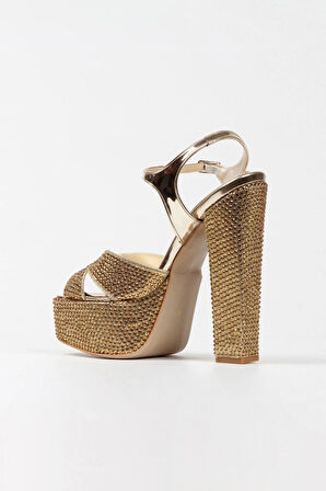 Gold Ayna Full Taşlı Klasik Köşe Kalıplı Kalın Topuklu Kadın Abiye Ayakkabı Kadın Topuklu Şık