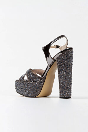 Platin Ayna Full Inci Taşlı Klasik Köşe Kalıplı Kalın Topuklu Kadın Abiye Ayakkabı Kadın Topuklu Şık