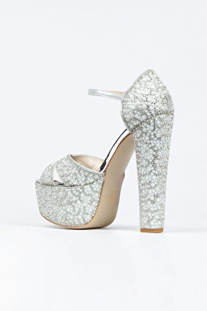 Gümüş Sultan Full Inci Taşlı Klasik Köşe Kalıplı Kalın Topuklu Kadın Abiye Ayakkabı Kadın Topuklu