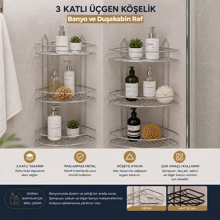 Üç Katlı Üçgen Metal Banyo Köşeliği Krom