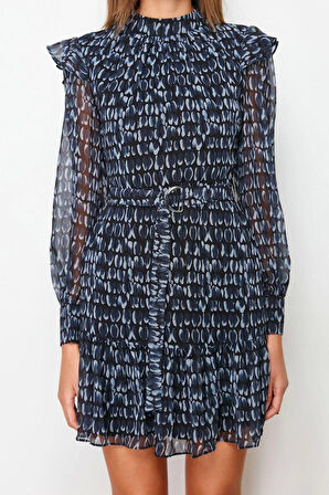 Moda Regular Gündüz Gece Şifon Dokuma Dik Yaka Uzun Kol A-Line Mini Boy Elbise