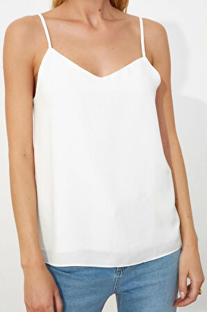 Moda V Yaka Dokuma Regular Düz Desen Casual Günlük Regular Askılı Kol Bluz