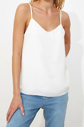 Moda V Yaka Dokuma Regular Düz Desen Casual Günlük Regular Askılı Kol Bluz