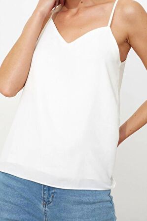 Moda V Yaka Dokuma Regular Düz Desen Casual Günlük Regular Askılı Kol Bluz