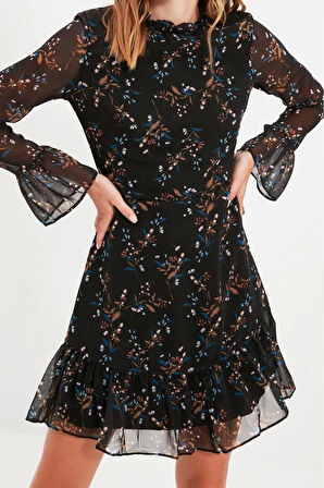 Moda Regular Gündüz Gece Şifon Dokuma Dik Yaka Uzun Kol A-Line Mini Boy Elbise