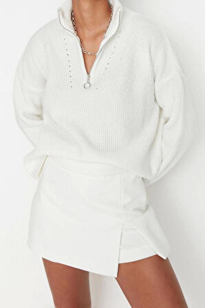 Kadın Modern Tarz Rahat Uzun Dik Yaka Düz Kol Regular Triko Kazak