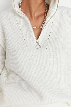 Kadın Modern Tarz Rahat Uzun Dik Yaka Düz Kol Regular Triko Kazak