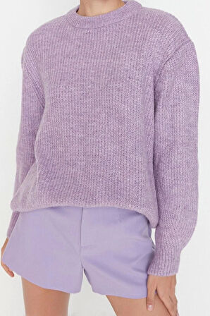 Kadın Modern Tarz Rahat Uzun Bisiklet Yaka Dokulu Kol Regular Triko Kazak