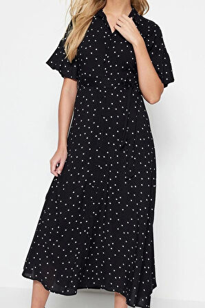 Moda Regular Casual Günlük Shally Dokuma Gömlek Yaka Kısa Kol Gömlek Elbise Midi Boy Elbise