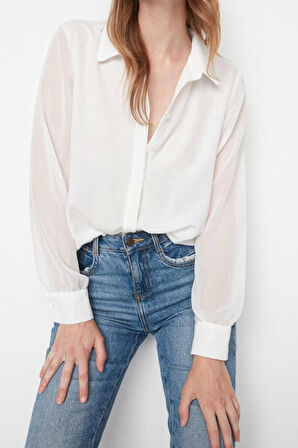 Moda Kadın Gömlek Yaka Düz Desen Günlük Kolları Transparan Regular Normal Kalıp Dokuma Gömlek