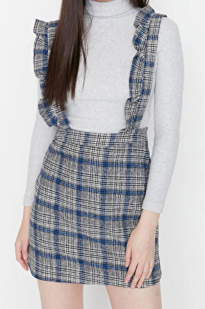 Moda Regular Casual Günlük Flanel Dokuma Kare Yaka Askılı Kol Jile Mini Boy Elbise