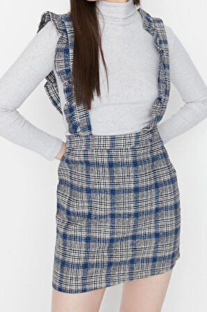 Moda Regular Casual Günlük Flanel Dokuma Kare Yaka Askılı Kol Jile Mini Boy Elbise